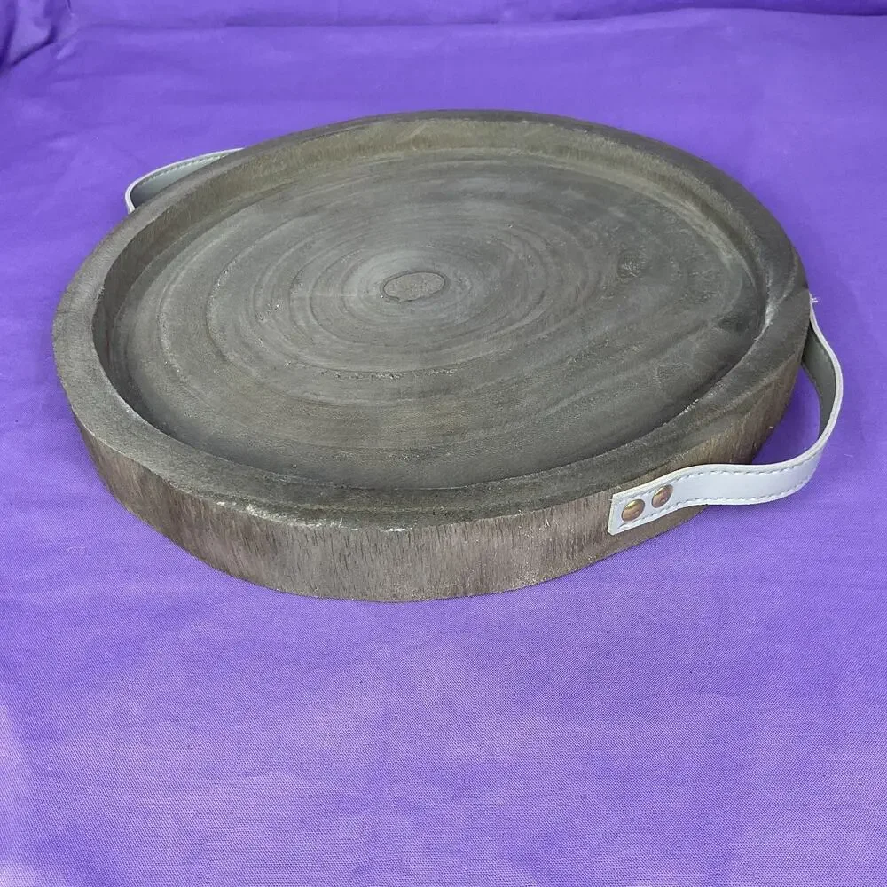 Round Dark Wood Slice Tray with Faux Leather Handles - Rustic Farmhouse Decorun